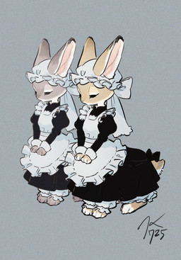 apron black_clothing black_dress clothed clothed_female clothed_taur clothing dress duo eyes_closed female fur grey_background hat headgear headwear maid_uniform paws quadruped simple_background tail taur_clothing uniform white_apron white_clothing k725 lagomorph lagomorph_taur leporid leporid_taur mammal mammal_taur rabbit rabbit_taur taur hi_res