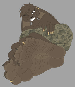 4_toes 5_fingers anthro blush bottomwear brown_body brown_fur buckteeth camo camo_bottomwear camo_clothing camo_pants camo_print claws clothed clothing colored_nails curling_toes ear_piercing feet female fingers foot_focus fur humanoid_feet nails one_eye_closed pants pattern_bottomwear pattern_clothing pattern_pants piercing plantigrade simple_background smile soles solo teeth toe_claws toes topless wink wrinkled_feet wrinkles shortcayk amanda_(shortcayk) lagomorph leporid mammal rabbit hi_res