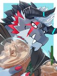 anthro beverage blue_eyes caffe_latte coffee colored_nails drinking_straw facial_markings fangs grey_body hair head_markings horn looking_at_viewer male markings nails solo teeth white_hair aoi_tachi0 lifewonders live_a_hero mythology starbucks giansar dragon mythological_creature mythological_scalie scalie 3:4 hi_res