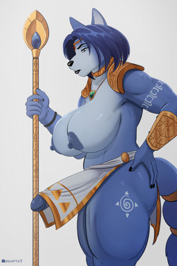 5_fingers accessory anthro areola armor big_breasts big_penis black_nose blue_areola blue_body blue_fur blue_glans blue_hair blue_nipples blue_tail bottomwear breasts choker clothed clothing crossgender crown erection eyebrows eyelashes fingers ftg_crossgender fti_crossgender fur fur_markings furgonomics genitals glans gynomorph hair half-closed_eyes hand_on_hip headgear holding_object holding_staff huge_breasts huge_penis intersex jewelry krystal's_staff lips loincloth markings narrowed_eyes necklace nipples pauldron penis short_hair solo staff standing tail tail_accessory tailband teal_eyes text thick_bottom_lip thick_thighs tiara topless pancarta nintendo star_fox krystal_(star_fox) canid canine fox mammal 2026 absurd_res artist_name hi_res