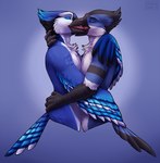 2018 anthro avalon avalon_(blueavian) avalondragon avalonjay avian beak bird blue_jay corvid digital_media_(artwork) duo european_mythology eyebrows eyes_closed feathers fingers french_kissing greek_mythology hand_on_hip hug jay_(bird) kissing male male/male mythological_avian mythological_bird mythological_creature mythological_firebird mythology new_world_jay open_mouth open_smile oscine passerine phoenix side_view simple_background smile standing vargosse