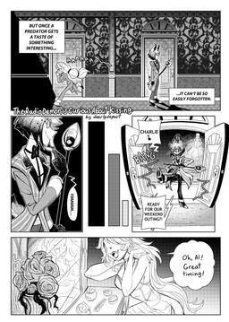 anthro brush clothing comb_(brush) dialogue dressing duo female flower hairbrush kicking_door lingerie makeup male male/female onomatopoeia plant rose_(flower) running running_away scut_tail short_tail sound_effects tail text vase deerlydepart hazbin_hotel hellaverse alastor_(hazbin_hotel) charlie_morningstar animal_humanoid cervine deer deer_demon deer_humanoid demon humanoid mammal mammal_humanoid 2025 absurd_res comic english_text hi_res monochrome