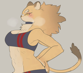 anthro big_breasts bra breasts choker clothed clothing female jewelry mane mismatched_sexual_dimorphism necklace solo sports_bra tail tail_tuft tuft underwear weeeeps felid lion mammal pantherine hi_res