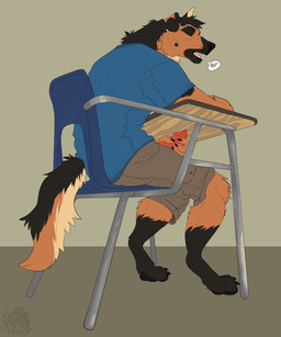 animal_genitalia animal_penis anthro bottomwear canine_genitalia canine_penis clothed clothed_anthro clothed_male clothing desk eyes_closed furniture genitals male male_anthro masturbation open_mouth penis school_desk shirt shorts simple_background sitting solo speech_bubble table tail teeth tongue topwear under_table chubchow leon_schafer canid canine canis domestic_dog german_shepherd herding_dog mammal pastoral_dog 2019 absurd_res hi_res