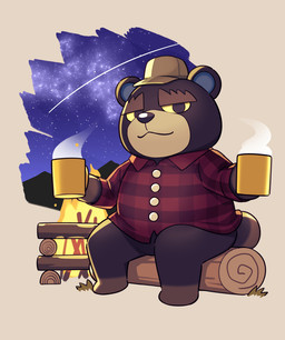 anthro brown_body brown_fur chibi clothing fire fur hat headgear headwear kemono male night outside overweight overweight_male shirt shooting_star sitting solo star topwear kinoshita-jiroh animal_crossing nintendo grizzly_(animal_crossing) bear mammal 2021