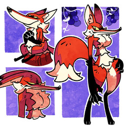 anthro big_breasts breasts cheek_tuft chest_tuft claws ears_down eyelashes facial_tuft featureless_breasts featureless_crotch female fur fur_markings gloves_(marking) hand_on_hip leg_markings long_arm long_muzzle markings outline paws pivoted_ears red_body smile socks_(marking) solo tail thick_thighs tuft white_outline wide_hips yellow_eyes snoozingwell canid canine fox mammal 2025 hi_res model_sheet