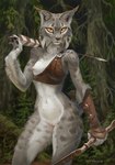 5_fingers 8_nipples anthro arm_guards arm_tuft arrow_(weapon) biped black_pawpads blush body_blush bottomless bow_(weapon) breasts casual_exposure cheek_tuft claws clothed clothing countershade_fur countershade_legs countershade_torso countershading detailed_background ear_tuft facial_tuft female finger_claws fingers fluffy forest forest_background fur genitals grey_body grey_fur handwear holding_bow_(weapon) holding_object holding_ranged_weapon holding_weapon ineffective_clothing looking_at_viewer markings multi_nipple nature nature_background navel nipples orange_eyes pawpads paws pink_nipples plant pussy pussy_blush ranged_weapon short_tail shoulder_tuft solo spots spotted_body standing tail topwear tree tribal tuft weapon whiskers white_body white_countershading white_fur akineza felid feline lynx mammal 2025 digital_media_(artwork) portrait signature three-quarter_portrait