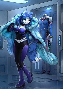anthro belt blue_body blue_fur blue_hair bodysuit boots breasts chest_tuft circlet cloak clothing dipstick_tail eyebrows eyelashes female footwear fur green_eyes hair markings shoes skinsuit smile solo tail tail_markings tight_clothing tuft white_body white_fur powree nintendo star_fox krystal_(star_fox) canid canine fox mammal 2026 digital_media_(artwork) hi_res