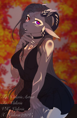 anthro black_choker black_clothing black_dress black_horn black_jewelry black_necklace breasts choker claws clothing dress female grey_body grey_hair hair heterochromia horn jewelry long_hair looking_at_viewer markings medium_breasts necklace outside purple_eyes red_eyes solo yellow_markings valeris mythology dragon mythological_creature mythological_scalie scalie 2024 colored digital_drawing_(artwork) digital_media_(artwork) flat_colors hi_res