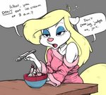 anthro blonde_hair blue_eyeshadow bowl cherry clothed clothed_anthro clothed_female clothing collarbone container cutlery dairy_products dessert dialogue eyebrows eyelashes eyeshadow female fingers food fruit fur furniture hair ice_cream kitchen_utensils looking_at_viewer makeup off_shoulder open_mouth pink_nose plant profanity simple_background solo speech_bubble spoon table tail text tired tools toony whipped_cream white_body white_fur yellow_tail ricksteubens animaniacs warner_brothers minerva_mink mammal mink mustelid musteline true_musteline colored english_text