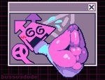 2_horns anus armless autofootjob balls big_balls big_butt big_penis blush bodily_fluids bottomless bottomless_male butt clothed clothing feet flying_sweatdrops foot_fetish foot_play genitals geometric_background glans glistening glistening_balls glistening_butt glistening_genitalia glistening_penis grid_background horn humanoid_genitalia humanoid_penis male masturbation not_furry open_mouth pattern_background peace_symbol penile penile_masturbation penis perineum pink_balls pink_body pink_penis simple_background solo spiral_eyes sweat sweatdrop tail text thick_thighs bugguydude deltarune undertale_(series) humanoid virovirokun 2025 artist_name digital_media_(artwork) hi_res pixel_(artwork)