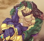 abs anthro biceps bulge carrying_another countershading duo fur green_body male muscular muscular_anthro muscular_male nipples pecs purple_body purple_eyes purple_fur smile smirk teeth yellow_eyes istani league_of_legends riot_games tencent nasus_(lol) renekton canid canine canis crocodile crocodilian jackal mammal reptile scalie hi_res brother_(lore) brothers_(lore) sibling_(lore)