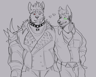 alternative_fashion anthro bottomwear clothed clothed_anthro clothed_male clothing collar duo eye_scar eyebrows facial_scar fully_clothed fully_clothed_anthro fully_clothed_male grey_background hair looking_at_another male open_mouth open_smile pants punk red_eyes scar shirt shoulder_pads simple_background smile spiked_collar spiked_shoulder_pads spikes teeth topwear melaisen nintendo star_fox fox_mccloud wolf_o'donnell canid canine canis fox mammal wolf 2022 absurd_res digital_drawing_(artwork) digital_media_(artwork) english_description greyscale hi_res monochrome sketch spot_color