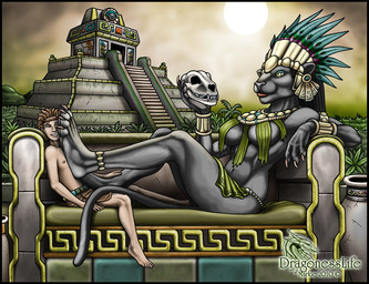 4_toes 5_toes accessory anthro barefoot black_body black_fur bone bottomwear breasts brown_hair claws clothed clothing duo ear_piercing feathers feet female foot_fetish fur hair headband humanoid_feet jewelry loincloth makeup male outside piercing plant plantigrade sitting size_difference skimpy skull sky smile sun temple text toes topless tree yellow_eyes markie felid human mammal pantherine 2010 english_text