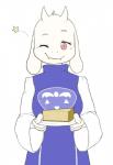 anthro boss_monster_(undertale) bovid breasts caprine clothing cute_fangs dessert dress female food fur happy holding_object horn looking_at_viewer mammal one_eye_closed pastry pie plate red_eyes simple_background smile solo standing star toriel undertale undertale_(series) white_background white_body white_fur wink xan_(pixiv)