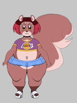 3_toes anthro basketball_uniform belly big_butt big_tail blue_clothing bottomwear buckteeth butt clothed clothing crop_top crossdressing denim denim_bottomwear denim_clothing denim_shorts feet femboy feminine footwear freckled_shoulders freckles front_view grey_background hair happy high_heels looking_at_viewer male overweight purple_clothing red_hair shirt shoes short_hair shorts shortstack shortstack_male simple_background slightly_chubby slightly_chubby_male smile solo sportswear tail teeth thick_thighs toeless_footwear toes topwear uniform wide_hips jamcassette los_angeles_lakers nba mammal rodent sciurid tree_squirrel digital_media_(artwork)
