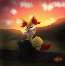 anthro cloud female fur markings mole_(marking) red_eyes sitting solo sunset yellow_body yellow_fur astralia nintendo pokemon braixen canid canine fox generation_6_pokemon mammal pokemon_(species) hi_res