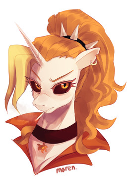 black_sclera choker cigarette clothing collar ear_piercing female feral fur hair horn jewelry looking_at_viewer necklace orange_hair piercing ponytail pupils simple_background slit_pupils solo white_background white_body white_fur yellow_eyes marenlicious hasbro my_little_pony mythology dyx_(mlp) equid equine mammal mythological_creature mythological_equine unicorn absurd_res hi_res portrait