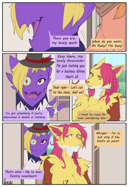anthro blonde_hair brown_hair clothing contract dialogue duo eyewear feather_hands feathers female feral gesture grass hair handshake hat headgear headwear male monocle nude office orange_eyes pink_hair plant purple_eyes red_eyes ruby_(marx) shirt sky suspicious tank_top tara_(marx) text top_hat topwear narusewolf nintendo pokemon ziel_(marx) delphox eevee generation_1_pokemon generation_6_pokemon haunter humanoid mammal pokemon_(species) shiny_pokemon comic english_text hi_res