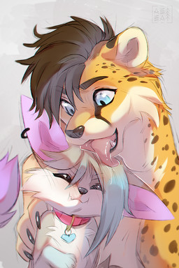 bangs black_nose blue_eyes blush blush_lines brown_eyebrows brown_hair brown_spots cheek_tuft claws collar collar_only duo ear_piercing eyebrows eyes_closed facial_tuft fangs female feral feral_with_hair fur hair head_lick long_ears looking_at_another male male/female markings nude open_mouth piercing pink_collar pink_tongue round_ears short_hair simple_background size_difference smaller_female spots spotted_body spotted_fur spotted_markings tan_body tan_fur teeth tongue tongue_out tuft white_claws yellow_body yellow_fur azzai canid canine cheetah felid feline fennec_fox fox mammal true_fox 2:3 colored colored_sketch digital_drawing_(artwork) digital_media_(artwork) shaded sketch
