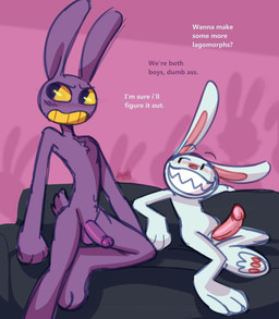 anthro balls biped blush dialogue duo erection feet furniture genitals grin humanoid_genitalia humanoid_penis male male/male nude paws penis propositioning sitting smile sofa text tw1nkd3m0n glitch_productions sam_and_max the_amazing_digital_circus jax_(tadc) max_(sam_and_max) lagomorph leporid mammal rabbit bust_portrait cel_shading colored crossover digital_drawing_(artwork) digital_media_(artwork) english_text portrait shaded