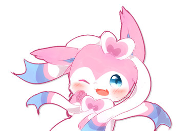 ambiguous_gender blue_eyes chibi daww feral fur kemono one_eye_closed open_mouth open_smile pink_body pink_fur semi-anthro simple_background smile solo white_background white_body white_fur wink deaic nintendo pokemon eeveelution generation_6_pokemon pokemon_(species) sylveon 2017