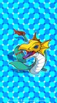 ambiguous_gender blue_body eyes_closed feral mask partially_submerged smile solo text water dclaretxrevolt bandai_namco digimon digimon_(species) sea_serpent seadramon hi_res url