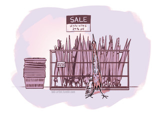 ambiguous_gender avian_feet bag beak feathers feral hiding inside sale_sign shopping_basket snack_food solo standing store text umbrella bob-artist avian bird bittern heron pelecaniform artist_name english_description english_text monochrome url