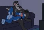 anthro arms_bent bent_arm bent_legs black_body black_fur blue_body blue_fur butt collar controller distracted distracted_sex duo ear_piercing erection eyes_closed feet fellatio fur furniture game_controller gaming genitals grey_body grey_fur grin half-closed_eyes hand_on_penis holding_controller holding_game_controller holding_object humanoid_genitalia humanoid_penis interspecies leg_over_edge licking lying male male/male markings multitasking narrowed_eyes nude on_front open_mouth oral over_edge penile penis penis_grab penis_lick piercing playing_video_game playstation_controller raised_tail sex sitting smile sofa tail toes tongue tongue_out wireless_controller rotten_robbie dualshock dualshock_4 playstation playstation_4 sony_corporation sony_interactive_entertainment deke robbie_(rotten_robbie) canid canine canis mammal mephitid skunk wolf 2016 digital_media_(artwork) flat_colors