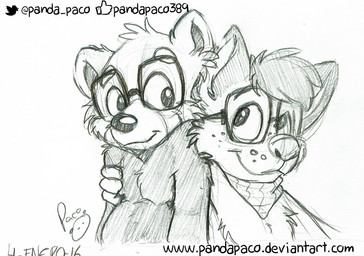 anthro cheek_tuft closed_smile duo eyewear facial_tuft front_view glasses hair head_tuft kerchief logo male male_anthro mouth_closed neckerchief neckwear rectangular_glasses short_hair simple_background smile text tuft young young_anthro young_male pandapaco pablo_(pandapaco) ailurid canid canine mammal red_panda 2016 artist_logo dated monochrome signature sketch traditional_media_(artwork) url