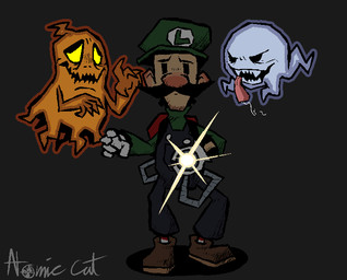 backpack black_eyes blue_clothing blue_overalls bodily_fluids boots clothed clothing dark drooling fangs flashlight footwear fully_clothed gloves green_clothing green_hat green_headwear green_shirt green_topwear group handwear hat headgear headwear male overalls saliva scared sharp_teeth shirt shoes simple_background teeth tongue tongue_out topwear trio yellow_eyes atomic_cat luigi's_mansion mario_bros nintendo luigi boo_(mario) ghost human mammal spirit 2022 hatching_(art) shaded signature