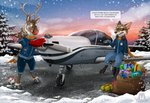 aircraft airplane anthro brush canid canine christmas conditional_dnp deer dialogue duo english_text fox gift holidays male mammal new_world_deer paint paintbrush plushie red_fox reindeer scarf snow tani_da_real teddy_bear text true_fox vehicle
