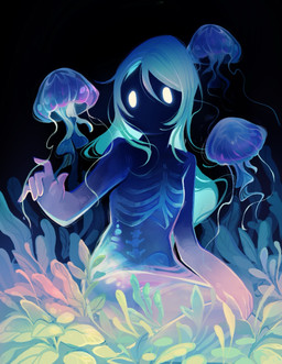 ambiguous_gender blue_hair bone female feral glowing glowing_eyes group hair leaf nude plant rib_cage sitting skeleton spine teal_hair translucent translucent_body underwater visible_skeleton water white_eyes feefal aquatic cnidarian elemental_creature elemental_humanoid humanoid jellyfish medusozoan water_creature water_humanoid hi_res