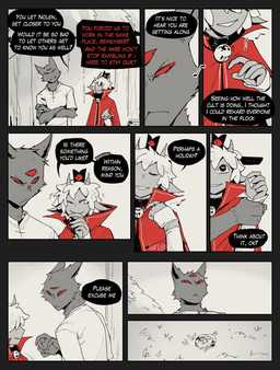 2_horns 3_eyes anthro bell bell_collar coin collar crossed_arms dialogue duo eyes_closed horn male male_anthro multi_eye red_eyes speech_bubble text aveloka cult_of_the_lamb massive_monster_(studio) lamb_(cult_of_the_lamb) narinder domestic_cat felid feline felis mammal 2025 comic digital_drawing_(artwork) digital_media_(artwork) english_text hi_res