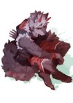 anthro arm_on_knee black_clothing bottomwear brown_body brown_fur canid canine clothing cuffs_(clothing) fluffy fluffy_tail fur hi_res hood hoodie horn humanoid male mammal orange_clothing orange_eyes pockets pouch_(clothing) shorts simple_background solo tail topwear x1aoyaoya