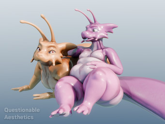 3_fingers 3_toes ambiguous_gender antennae_(anatomy) anthro belly big_belly big_tail blue_tongue duo eye_contact fat_belly feet fingers green_eyes looking_at_another nude orange_body overweight pink_body purple_body red_eyes simple_background slightly_chubby slug_tail tail thick_thighs toes tongue yellow_body questionable_aesthetics_(artist) questionable_aesthetics_(modeler) benny_(questionable_aesthetics) lubra_(questionable_aesthetics) banana_slug gastropod hybrid mollusk slug 3d_(artwork) 4:3 absurd_res blender_(artwork) blender_cycles_(artwork) digital_media_(artwork) hi_res herm_(lore)