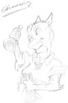 alchemist blep breasts bubbling clothed clothing female holding_flask looking_at_object medium_breasts non-mammal_breasts pupils slit_pupils solo tongue tongue_out soraime_the_questionable loskra kobold 2023 absurd_res graphite_(artwork) hi_res monochrome traditional_media_(artwork)