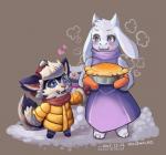 anthro black_sclera blue_eyes blush clothed clothing dessert duo food fur hat headgear headwear heart_symbol pastry pie simple_background snow ushanka white_body white_fur wolfmalro league_of_legends riot_games tencent undertale undertale_(series) gnar_(lol) toriel boss_monster_(undertale) bovid canid canine caprine mammal yordle 2015 crossover