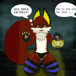 anthro black_body black_ears black_fur candy chest_tuft claws clothing dessert detailed_background dialogue floor fog food fur glistening green_body green_eyes green_fur hair holding_object holidays jack-o'-lantern kemono kneeling legwear looking_at_viewer male night pawpads paws pillar plant red_body red_fur smile smiling_at_viewer solo speech_bubble tail text thigh_highs tree tuft underwear white_body white_fur yellow_ears davyluiz halloween davy_(davyluiz) canid canine fox mammal red_fox true_fox 1:1 2025 digital_media_(artwork) english_text hi_res shaded watermark
