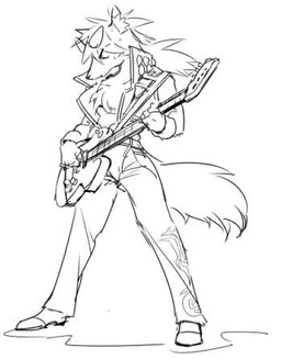4_fingers anthro biped bottomwear chest_tuft clothed clothing electric_guitar eyewear eyewear_on_head fingers fluffy fluffy_tail footwear fur glasses guitar holding_musical_instrument holding_object inner_ear_fluff jacket japanese kemono male musical_instrument open_clothing pants playing_guitar playing_music plucked_string_instrument shoes simple_background solo standing string_instrument tail topwear tuft white_background 1boshi canid canine fox mammal black_and_white low_res monochrome