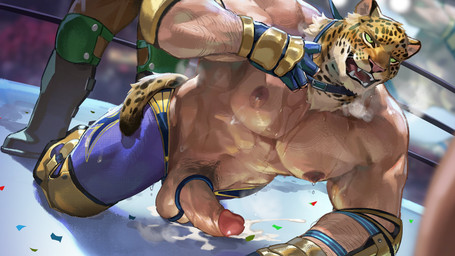 abs accessory all_fours anthro balls barazoku bottomwear bottomwear_down breath clothed clothing cock_ring collar depth_of_field duo dutch_angle erection fighters fighting_ring foreskin front_view genitals glans humanoid_genitalia humanoid_penis jewelry knee_pads leash leashed_collar male male/male muscular muscular_male nipples panting pants pants_down partially_clothed pecs penis penis_accessory penis_jewelry pesc pubes retracted_foreskin smile smirk standing wball tekken king_(tekken) felid human leopard mammal pantherine absurd_res hi_res