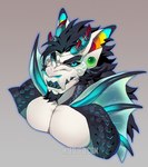 anthro black_hair black_teeth blue_eyes facial_hair goatee grey_background hair horn male multicolored_ears pecs rainbow_ears scales simple_background snarling solo teeth hjeojeo mythology vincent_(huf13) dragon fish hybrid lionfish marine mythological_creature mythological_scalie scalie scorpaeniform