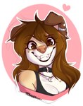 anthro breasts brown_eyes brown_hair cleavage clothed clothing collar ear_piercing fangs female hair long_hair looking_at_viewer piercing smile solo teeth conditional_dnp teranen danika_(wolflady) canid canine canis domestic_dog mammal 2020 bust_portrait digital_media_(artwork) portrait signature