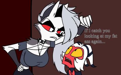 against_surface anthro big_breasts bouncing_breasts breasts clothing duo female huge_breasts jiggling larger_female male male/female midriff perspective red_body red_sclera size_difference stretching tail text tight_clothing white_body zync hellaverse helluva_boss mythology loona_(helluva_boss) moxxie_(helluva_boss) canid canid_demon canine demon hellhound humanoid imp mammal mythological_canine mythological_creature animated hi_res meme no_sound short_playtime subtitled video