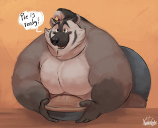 anthro bent_over biped black_body black_eyebrows black_fur black_hair black_nose blue_bottomwear blue_clothing bottomwear clothed clothed_anthro clothed_male clothing countershade_face countershade_fur countershade_torso countershading dialogue eyebrows fingers food fur gloves_(marking) grey_body grey_fur hair holding_food holding_object holding_pie humanoid_hands looking_forward male male_anthro markings multicolored_body multicolored_fur multicolored_hair open_mouth open_smile orange_background overweight overweight_anthro overweight_male pastry pie simple_background smile solo speech_bubble text three-quarter_view topless topless_anthro topless_male two_tone_hair whisker_spots white_body white_countershading white_fur white_hair karrnade sebastien_grainger american_badger badger mammal mustelid musteline digital_media_(artwork) english_text hi_res signature