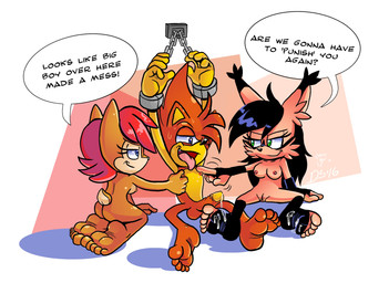 5_fingers 5_toes anthro balls barefoot bdsm black_hair blue_eyes bodily_fluids bondage bound breasts brown_body brown_fur canon_x_oc chain chained cum cum_on_feet dialogue dominant dominant_female erection exclamation_point feet female ffm fingers foot_fetish fur genital_fluids genitals green_eyes group hair humanoid_feet humanoid_genitalia humanoid_penis kneeling male male/female nipple_fetish nipple_pinch nipple_play nipples nude open_mouth orgasm penis pinch plantigrade question_mark red_hair sex smile sweat text toes tongue tongue_out trio 3rdharleyjoe archie_comics sega sonic_the_hedgehog_(archie) sonic_the_hedgehog_(comics) sonic_the_hedgehog_(series) fan_character nicole_the_lynx sally_acorn sally_acorn_(post-sgw) sledge_the_hedgehog chipmunk eulipotyphlan felid feline ground_squirrel hedgehog lynx mammal rodent sciurid 2016 english_text hi_res