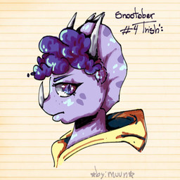 anthro biped clothed clothed_anthro clothed_female clothing female freckled_face freckles frown hair hoodie looking_at_viewer pattern_background purple_body purple_eyes purple_hair short_hair side_view simple_background solo striped_background text topwear yellow_clothing yellow_hoodie yellow_topwear by:_muun goodbye_volcano_high ko_op_(game_developer) trish_(gvh) ceratopsian ceratopsid chasmosaurine dinosaur marginocephalian ornithischian prehistoric_species reptile scalie triceratops 1:1 2025 absurd_res artist_name character_name colored english_text headshot_portrait hi_res portrait shaded