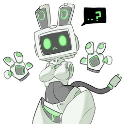 4_fingers :< ambiguous_gender anthro biped breasts disembodied_leg electrical_plug featureless_breasts fingers floating_hands floating_limbs front_view glowing glowing_eyes green_highlights green_markings grey_body highlights_(coloring) machine markings medium_breasts paws power_button question_mark screen screen_face simple_background solo speech_bubble tail thick_thighs white_background white_body wide_hips shiitakeshroomm robot robot_anthro english_description portrait shaded three-quarter_portrait