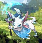 4_ears ambiguous_gender anthro blue_eyes claws energy_scythe energy_weapon feathers fur glitch grass hologram melee_weapon multi_ear plant polearm scythe semi-anthro smile solo weapon winged_arms wings blitzdrachin conditional_dnp avali avian