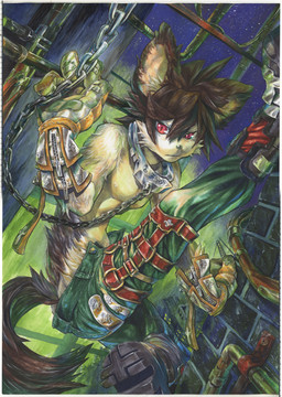anthro athletic athletic_anthro athletic_male black_nose bottomwear bound brick_wall brown_body brown_fur brown_hair chain chain_collar chained clothing collar dark_body dark_fur dark_hair frown frowning_at_viewer fur gloves green_bottomwear green_clothing green_lighting green_pants hair handwear kemono looking_at_viewer male multicolored_body multicolored_fur night nipples pants pipe red_eyes sky solo two_tone_body two_tone_fur wall_(structure) white_body white_fur zipper watou12 canid canine canis domestic_dog mammal full-length_portrait marker_(artwork) portrait traditional_media_(artwork)